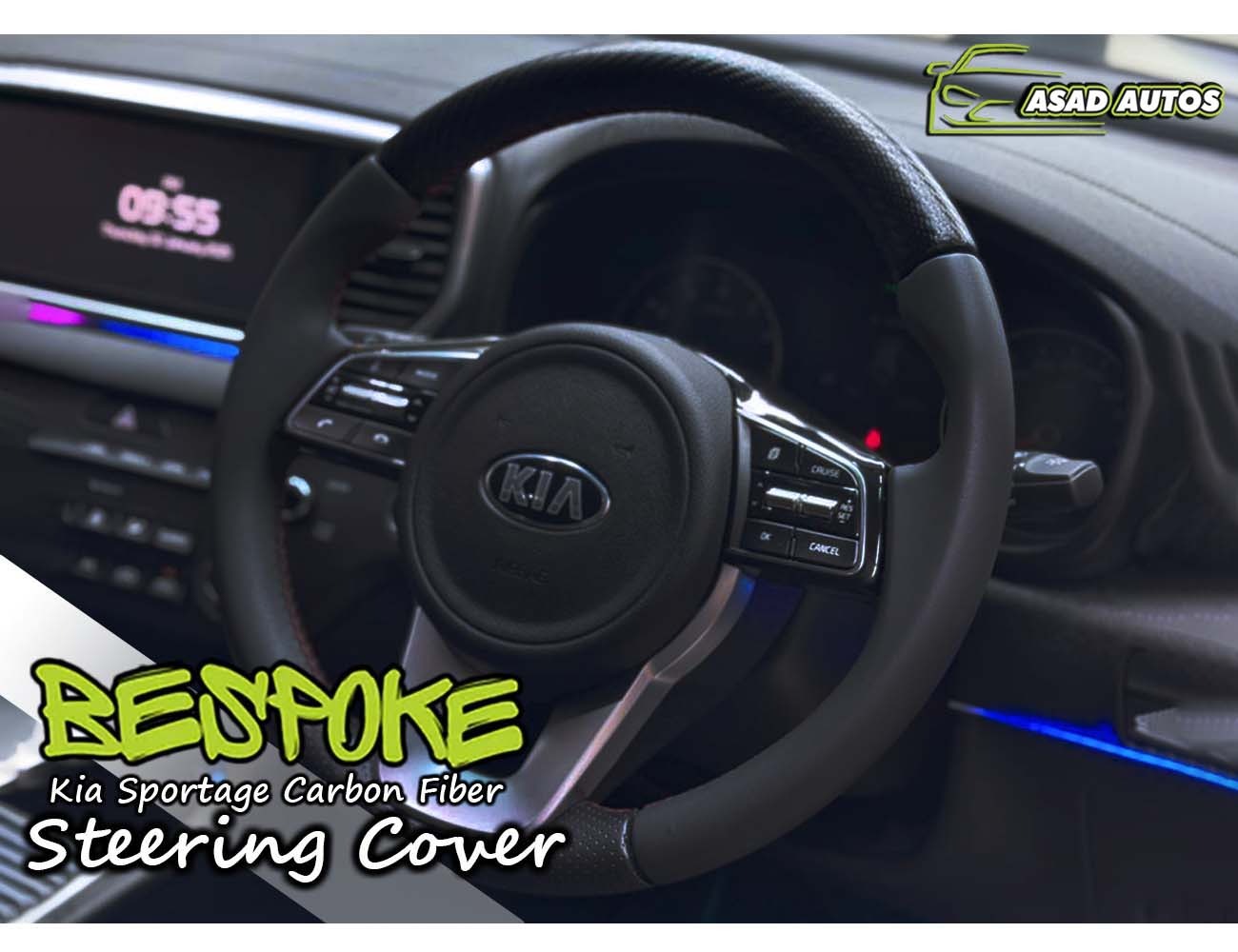Carbon Fiber Bespoke Steering Cover for Kia Sportage, offering a premium fit and enhanced comfort, adding a sleek, sporty look to the vehicle's interior.
