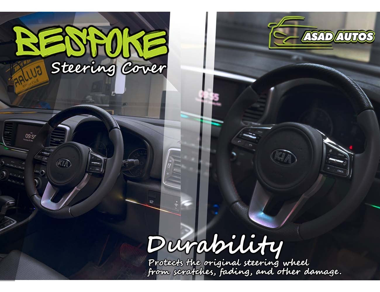 Carbon Fiber Bespoke Steering Cover for Kia Sportage, offering a premium fit and enhanced comfort, adding a sleek, sporty look to the vehicle's interior.
