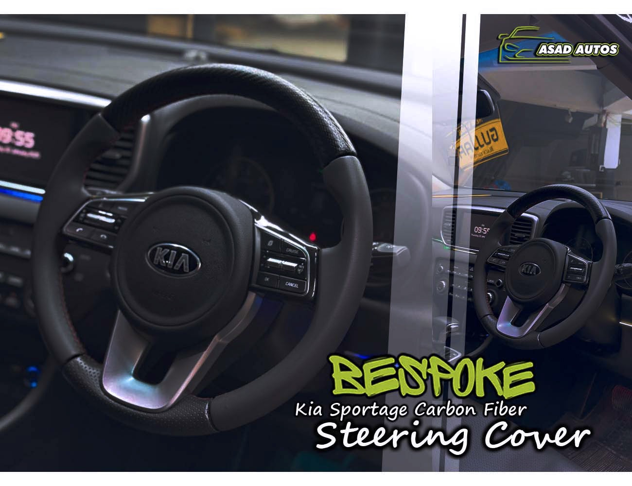Carbon Fiber Bespoke Steering Cover for Kia Sportage, offering a premium fit and enhanced comfort, adding a sleek, sporty look to the vehicle's interior.
