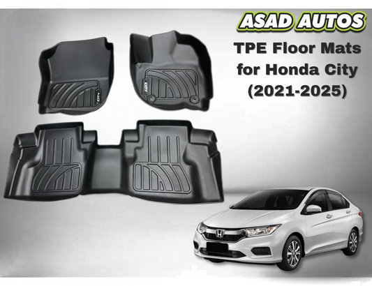 Custom-fit TPE floor mats for Honda City (2021-2025) with all-weather protection and eco-friendly material.
