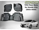 Custom-fit TPE floor mats for Honda City (2022-2026) with all-weather protection and eco-friendly material.

