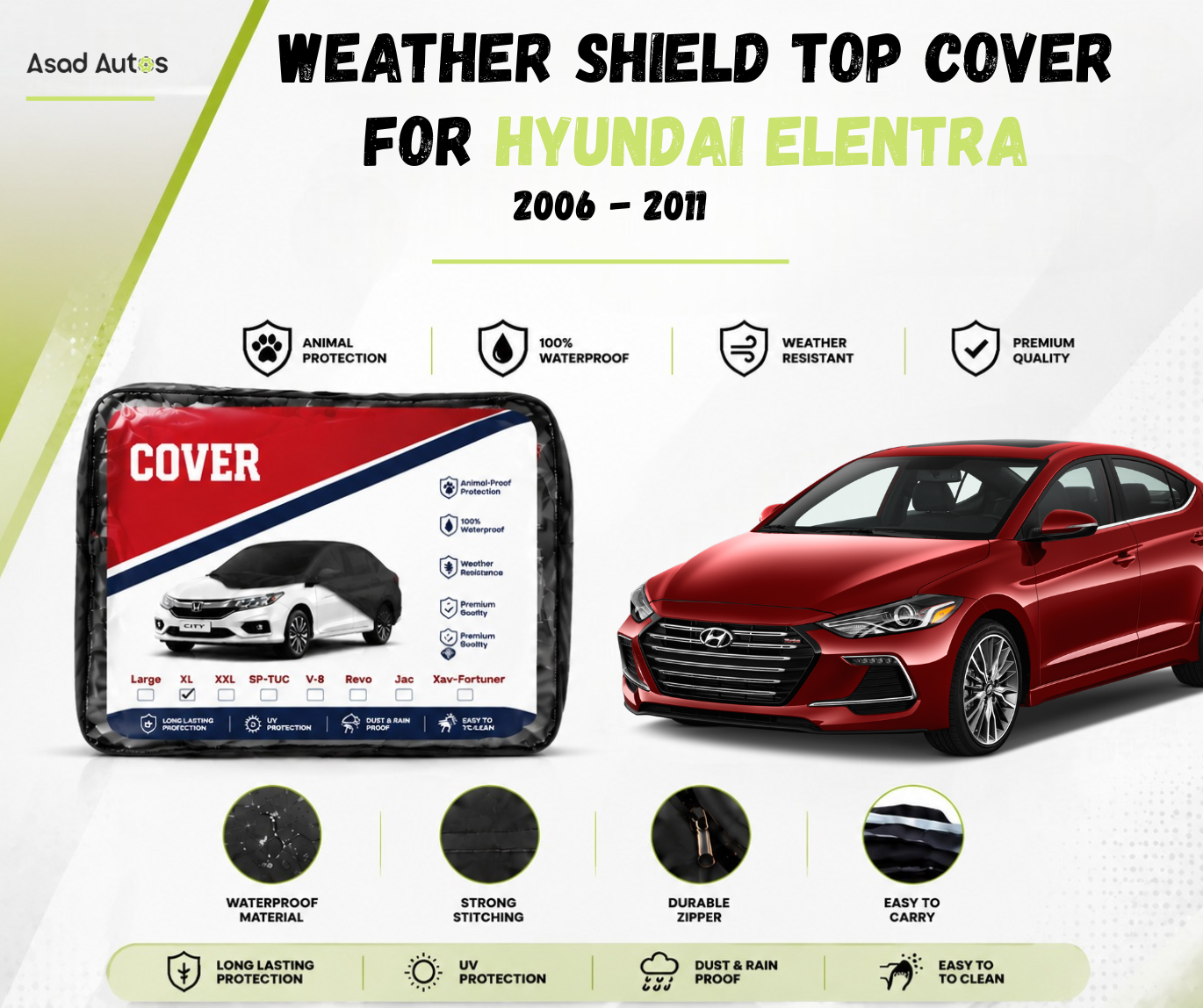 Weather shield top cover protecting Hyundai Elantra 2017-2024 from rain and dust while parked outdoors - Asad Autos