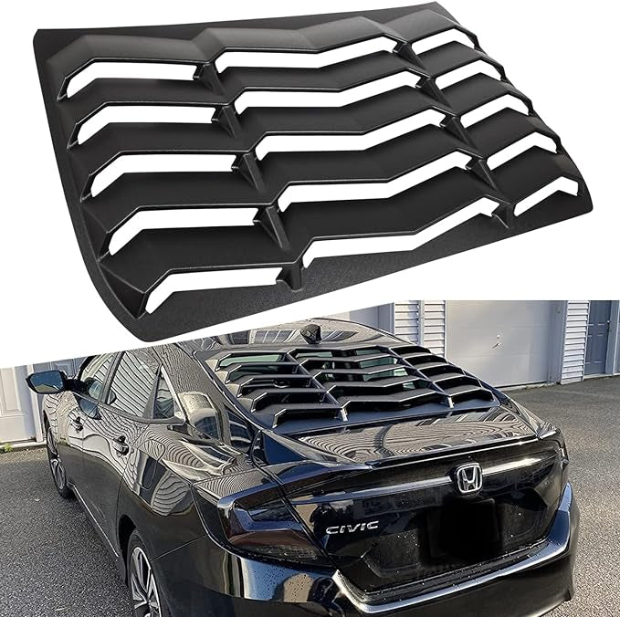 GT Lambo Style Rear Window Louver for Honda Civic Sedan 2016-2021 in matte black ABS, providing sun protection and enhancing the racing aesthetic.

