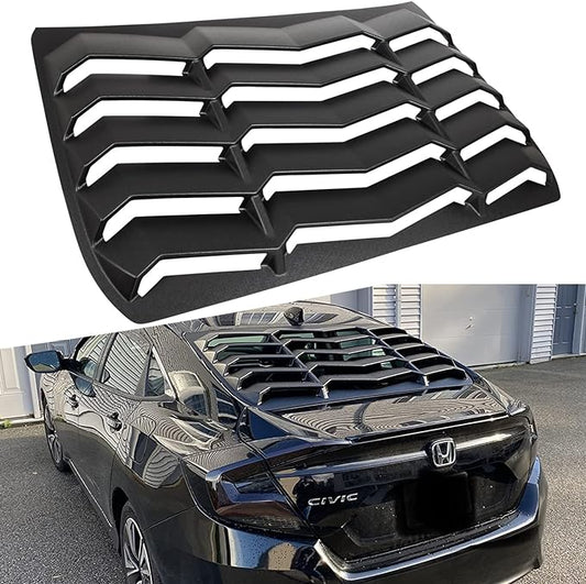 GT Lambo Style Rear Window Louver for Honda Civic Sedan 2016-2021 in matte black ABS, providing sun protection and enhancing the racing aesthetic.

