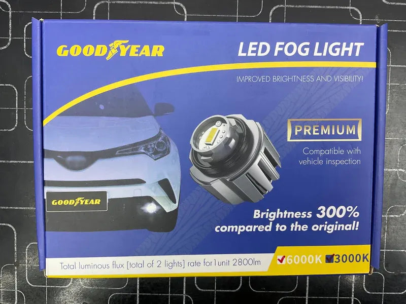 Goodyear plug-and-play LED fog lights with dual 6000K white and 3000K yellow modes for superior visibility in golden and bad weather conditions.
