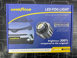 Goodyear plug-and-play LED fog lights with dual 6000K white and 3000K yellow modes for superior visibility in golden and bad weather conditions.
