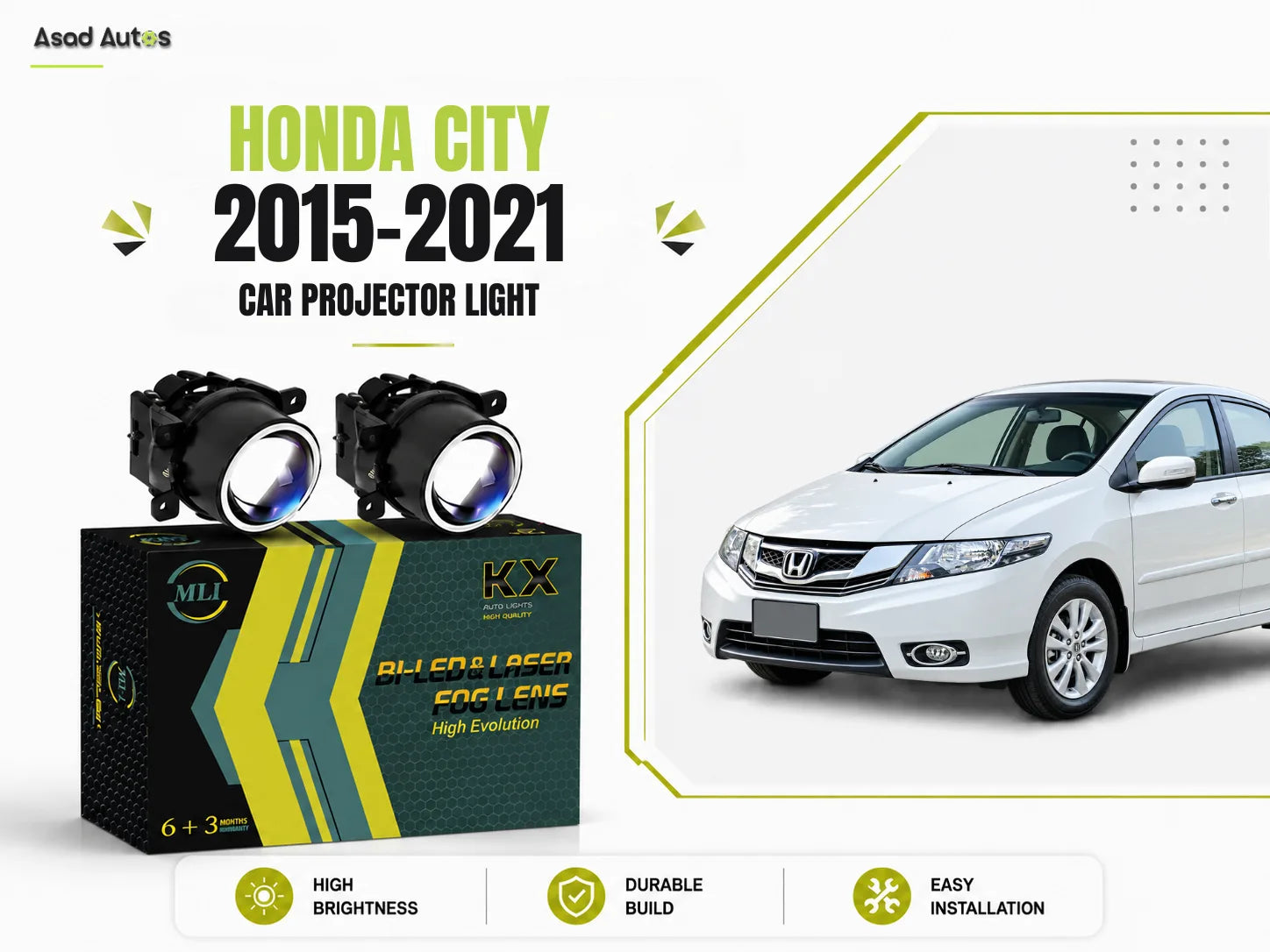 Honda City 2015-2021 MLI Fog Lamp Car Projector Lights with BI LED Lens, designed for enhanced visibility and style.