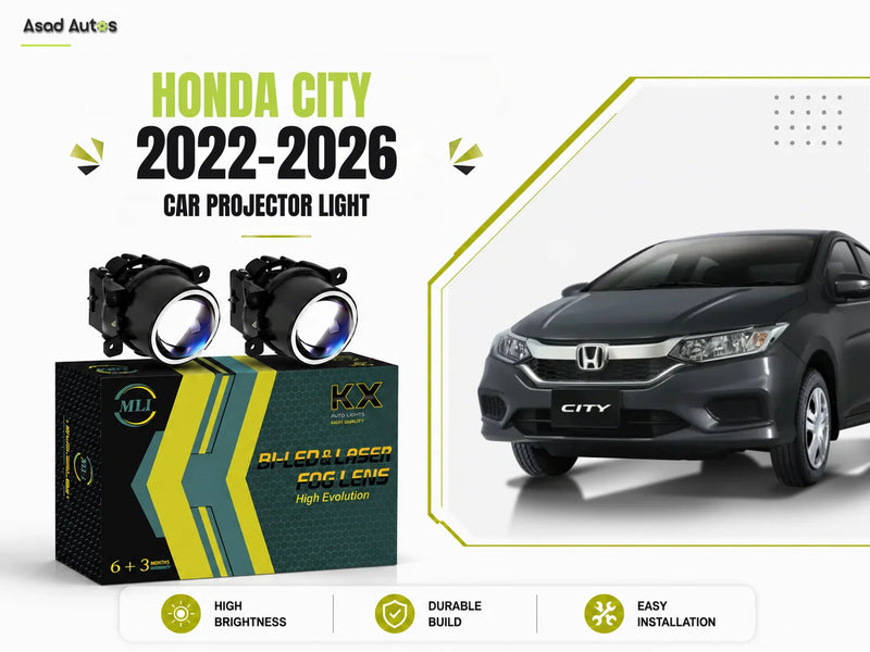 Honda City 2022-2026 MLI Car Projector Fog Lights with BI LED Lens, offering enhanced road visibility and a modern, stylish upgrade
