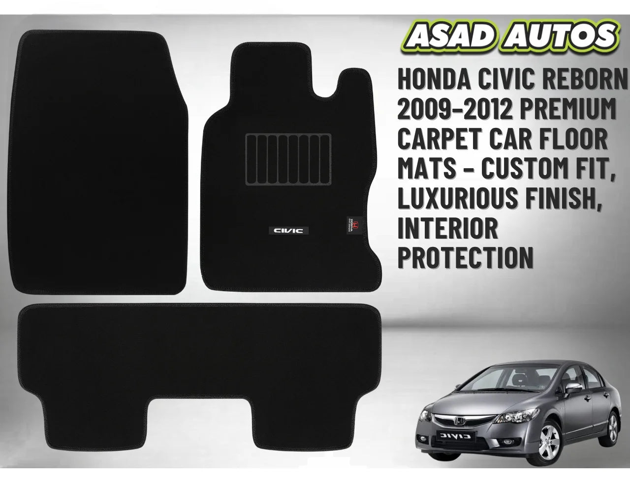 Honda Civic Reborn 2009–2012 Premium Carpet Car Floor Mats – Custom Fit, Luxurious Finish, Interior Protection
