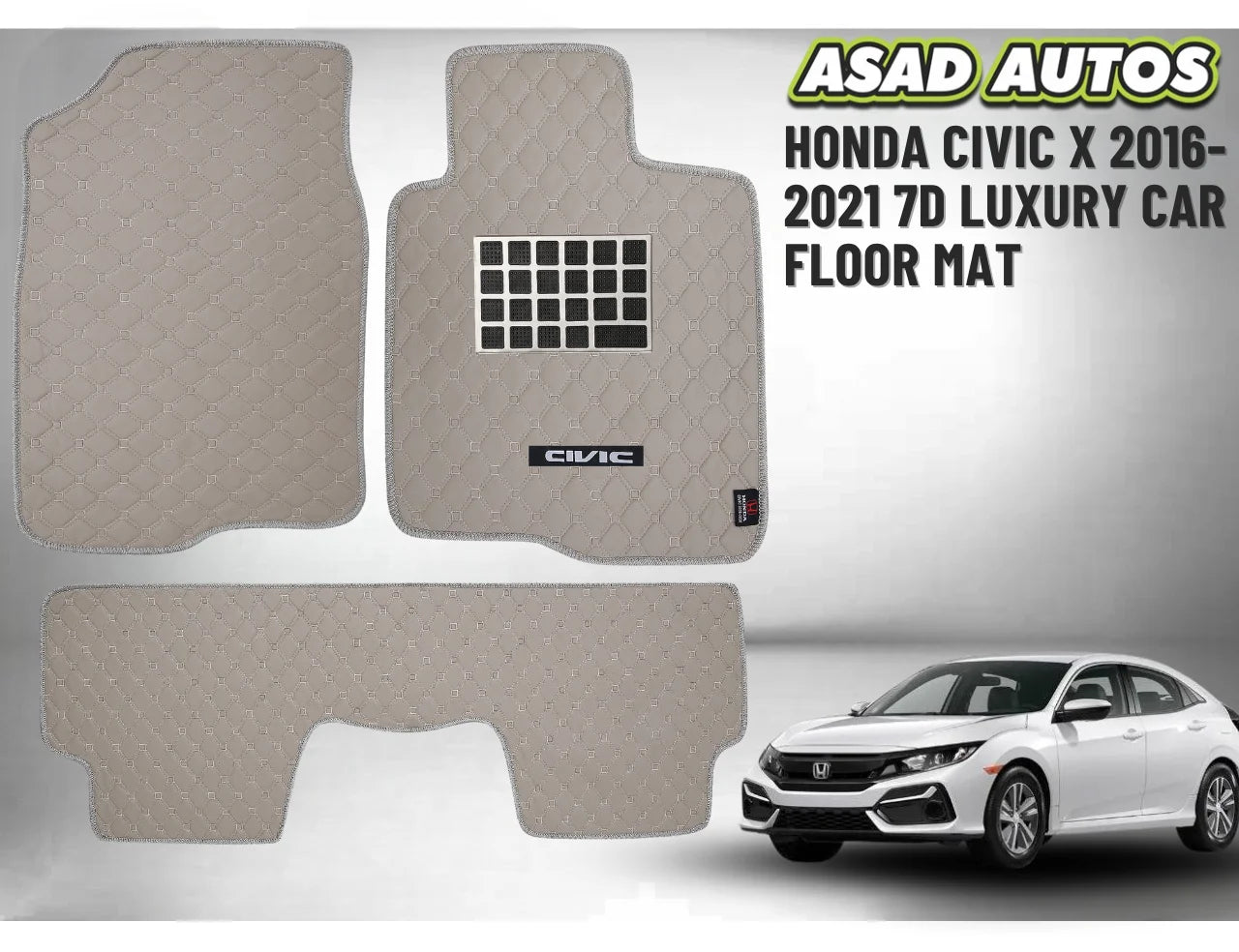 Honda Civic X 2016–2021 7D Luxury Car Floor Mats – Custom Fit, Waterproof, Anti-Slip Premium Interior Mats
