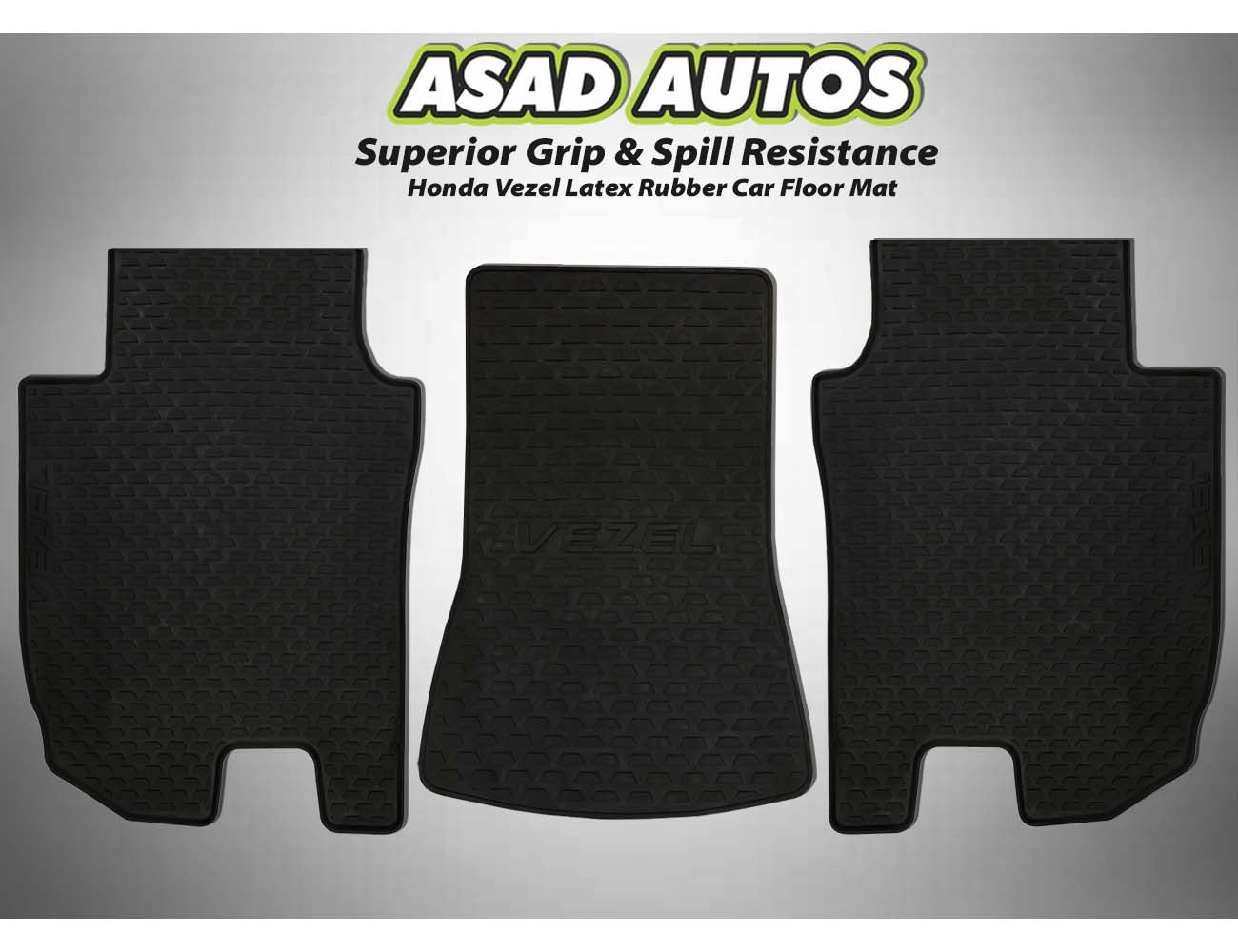 Honda Vezel 2014-2021 latex rubber car floor mats, offering a custom fit, all-weather protection, durability, and a non-slip surface for a clean and stylish interior.