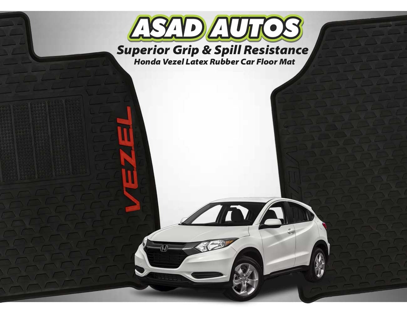 Honda Vezel 2014-2021 latex rubber car floor mats, offering a custom fit, all-weather protection, durability, and a non-slip surface for a clean and stylish interior.