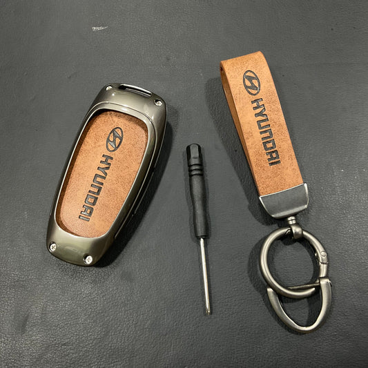 Premium Zinc Alloy Metal & Genuine Leather Key Cover for Hyundai Sonata