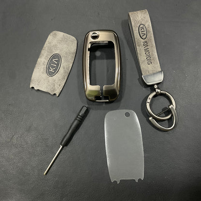 Premium Zinc Alloy Metal & Genuine Leather Key Cover for Kia Picanto