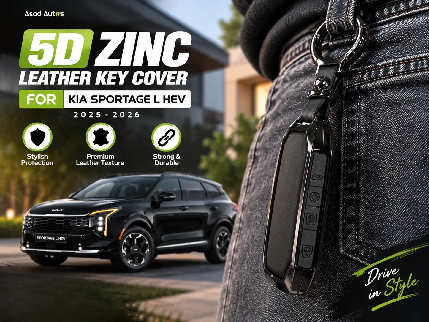 Kia Sportage L HEV 2025–2026 5D Zinc Leather Key Cover with Side Buttons