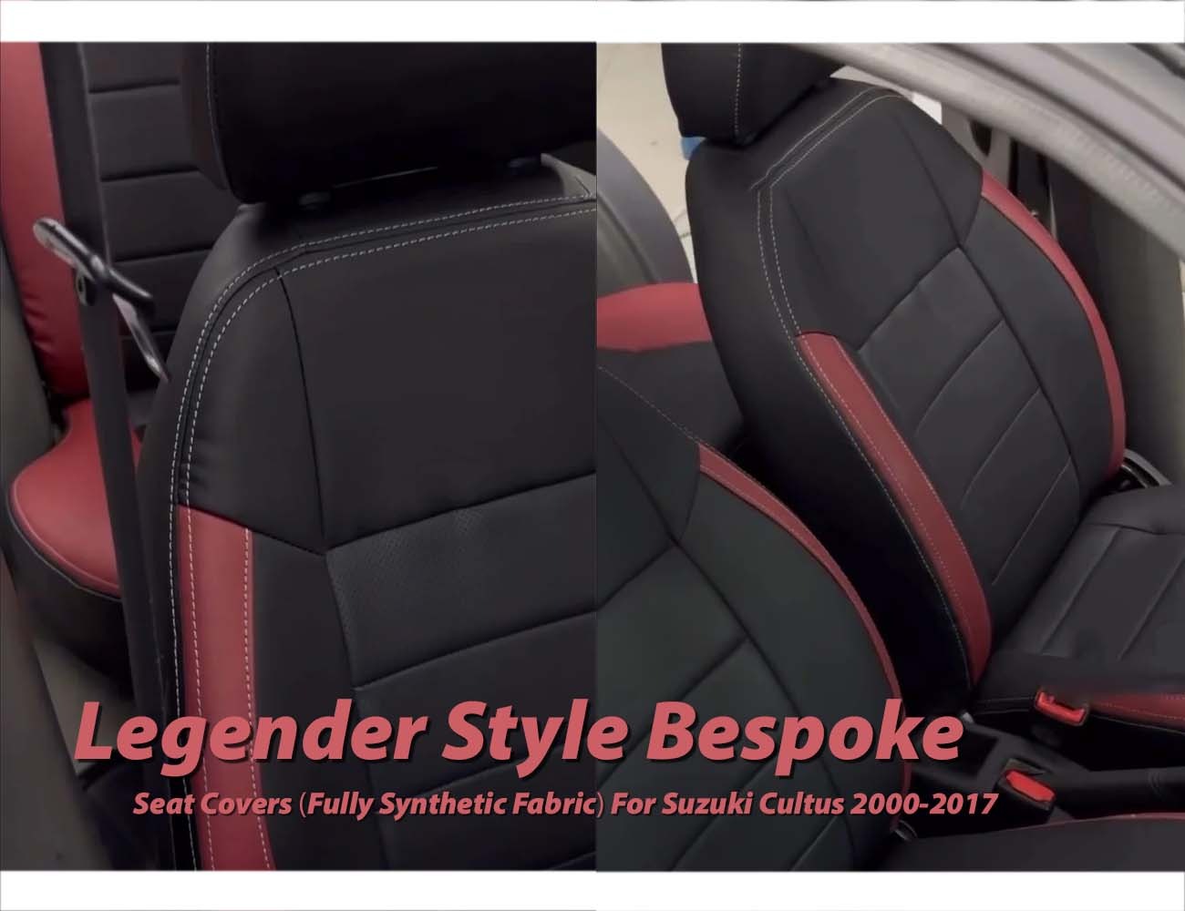 Legender-style bespoke seat covers for Suzuki Cultus 2000-2017, crafted from fully synthetic fabric for comfort and durability.
