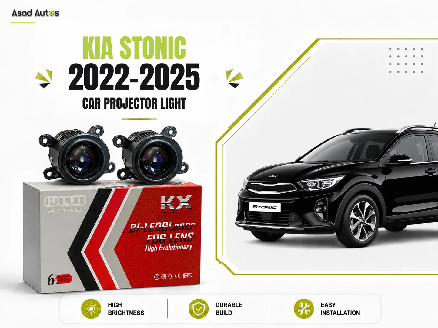 MLI 2-Inch BI-LED Fog Lamp Projector Lights for Kia Stonic 2022-2025