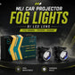 MLI Bi LED car projector fog lights product setup showing projector lens, rear housing, wiring, and components for automotive fog light upgrade