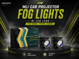 MLI Bi LED car projector fog lights product setup showing projector lens, rear housing, wiring, and components for automotive fog light upgrade