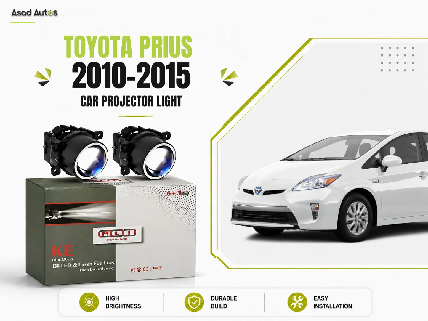 MLI Car Fog Lamp Projector Lights BI LED Lens for Toyota Prius Hatchback 2010-2015