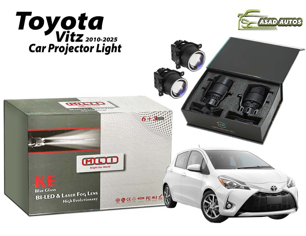 MLI Car Fog Lamp Projector Lights BI LED Lens for Toyota Vitz 2010-2025, providing enhanced brightness, energy efficiency, and improved road visibility for a stylish and safer driving experience.
