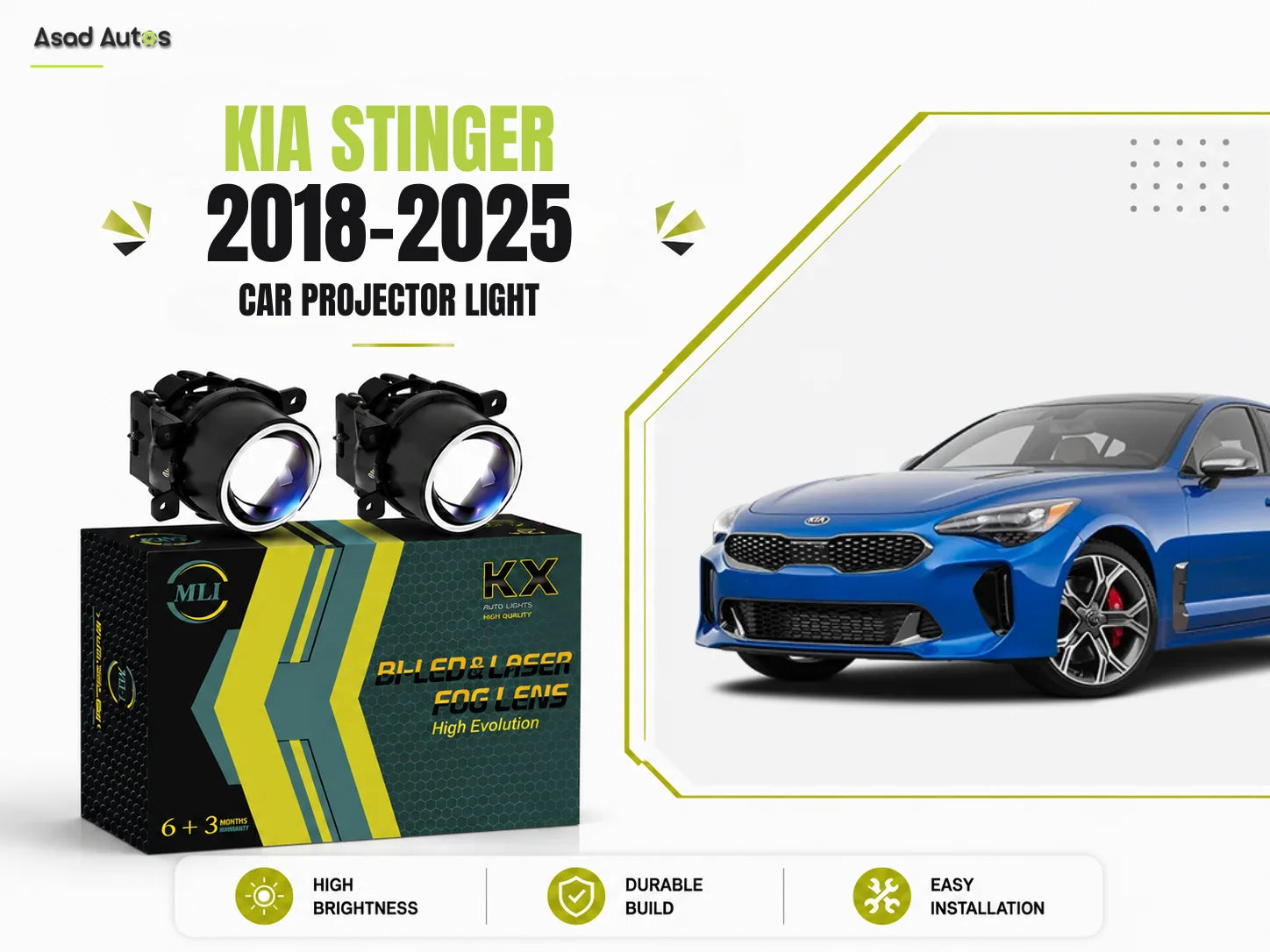 MLI Car Fog Lamp Projector Lights with BI LED lens for Kia Stinger 2018-2025 VIP Sedan, delivering enhanced brightness and a premium aesthetic upgrade.