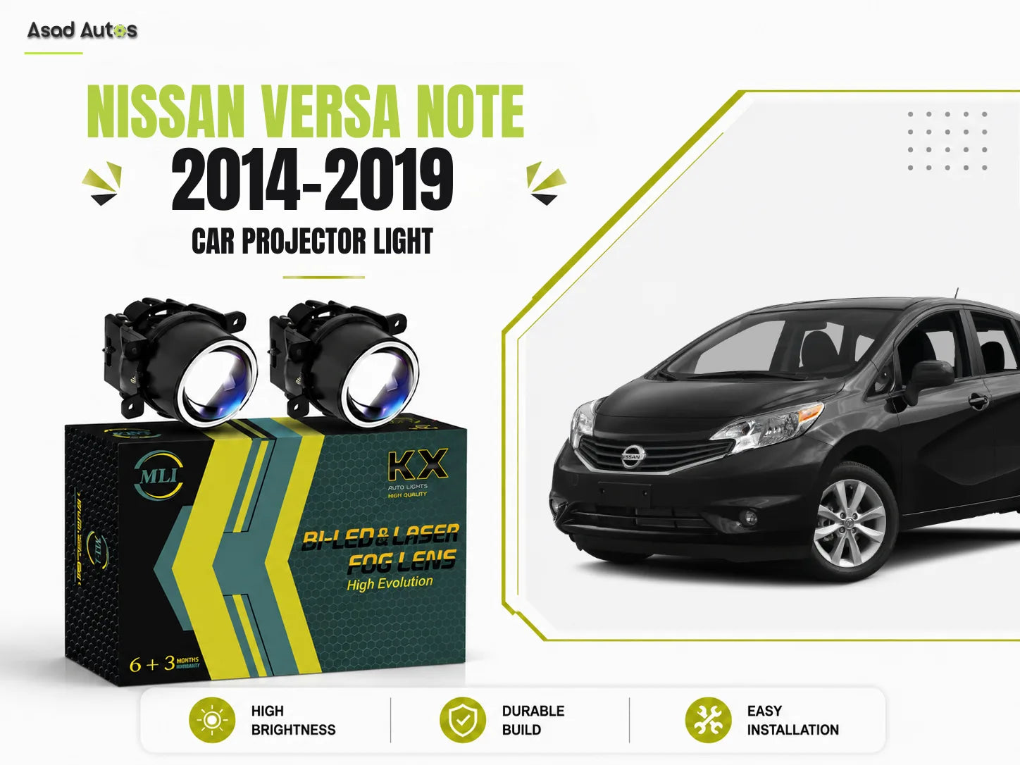 MLI Car Fog Lamp Projector Lights with BI LED lens for Nissan Versa Note 2014-2019 Hatchback, offering enhanced brightness, energy efficiency, and a stylish front-end look.
