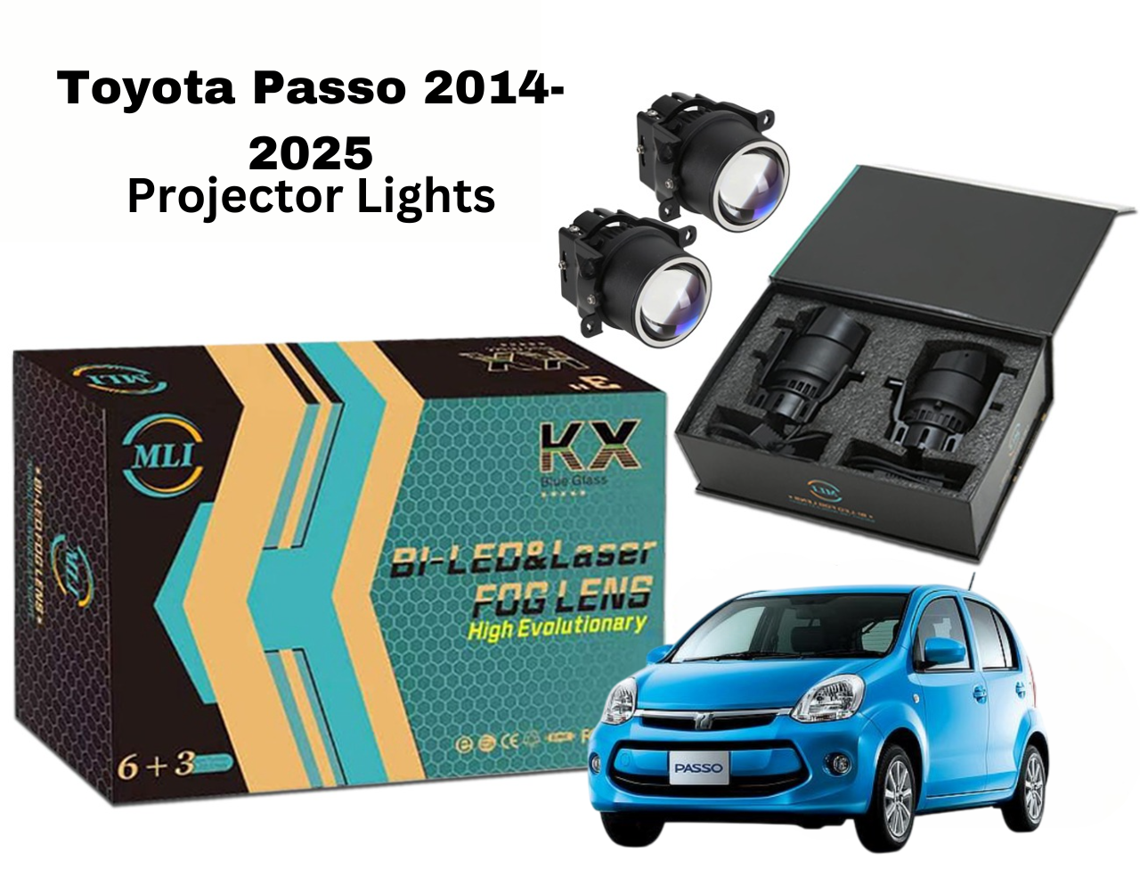 MLI Car Fog Lamp Projector Lights with BI LED lens for Toyota Passo 2014-2025 Hatchback, offering enhanced brightness, energy efficiency, and a sleek design.
