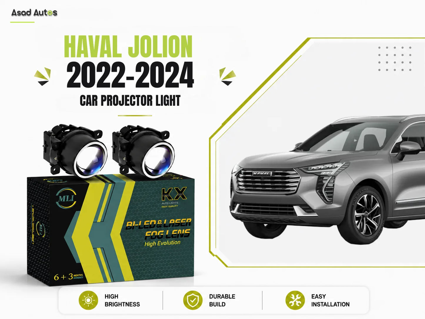MLI Car Projector Fog Lights BI LED Lens for Haval Jolion 2022-2025 Crossover, delivering enhanced brightness and precision light with a modern, high-performance design.