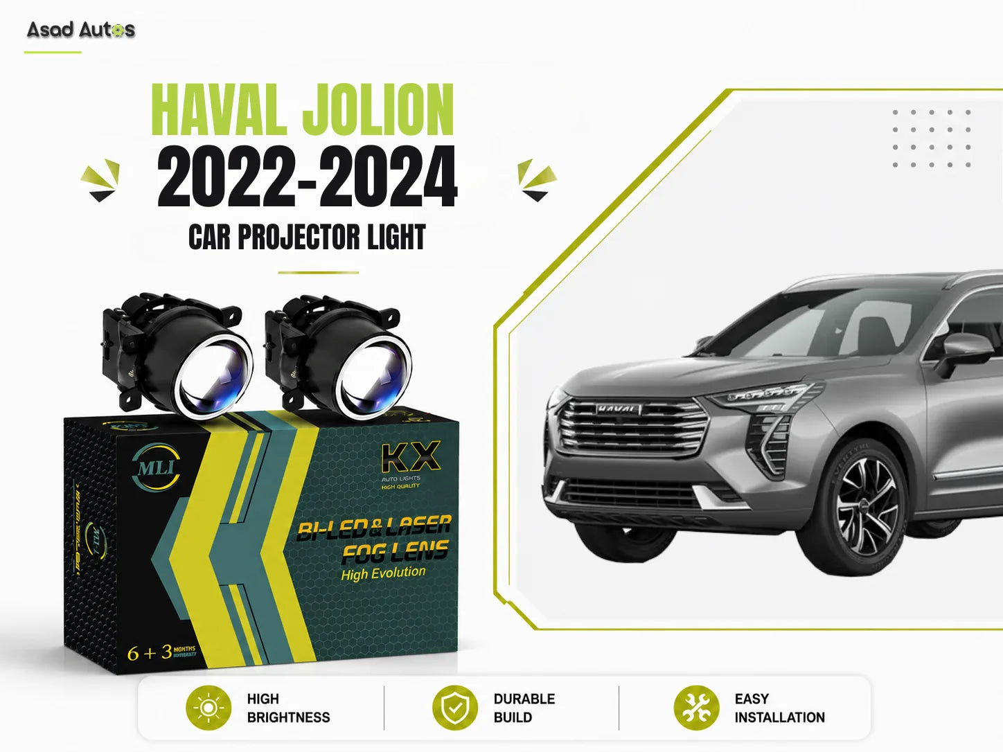 MLI Car Projector Fog Lights BI LED Lens for Haval Jolion 2022-2025 Crossover, delivering enhanced brightness and precision light with a modern, high-performance design.