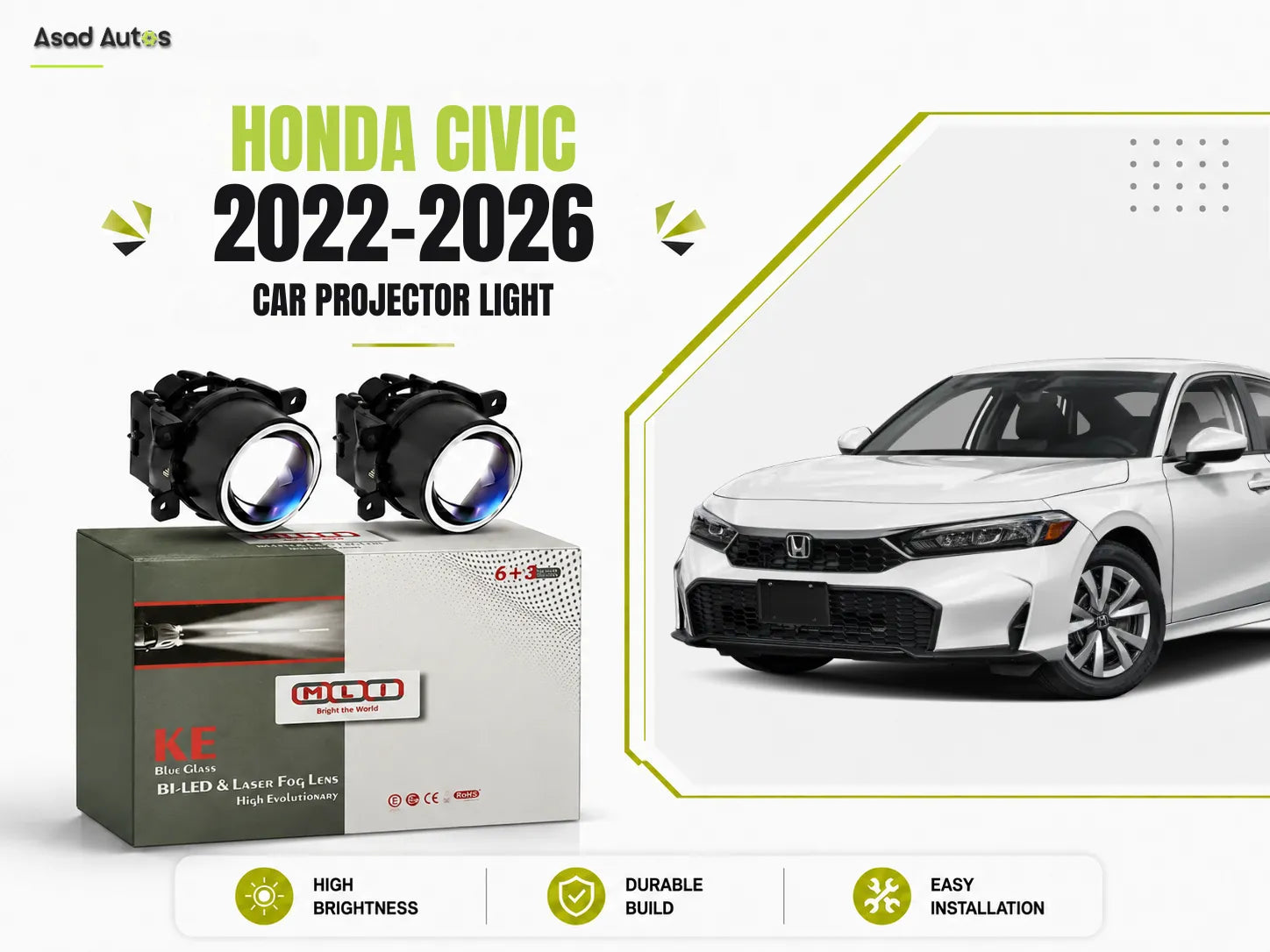 MLI Car Projector Fog Lights BI LED Lens for Honda Civic 2022-2026 offering powerful illumination, enhanced visibility, and modern style for a premium driving experience.