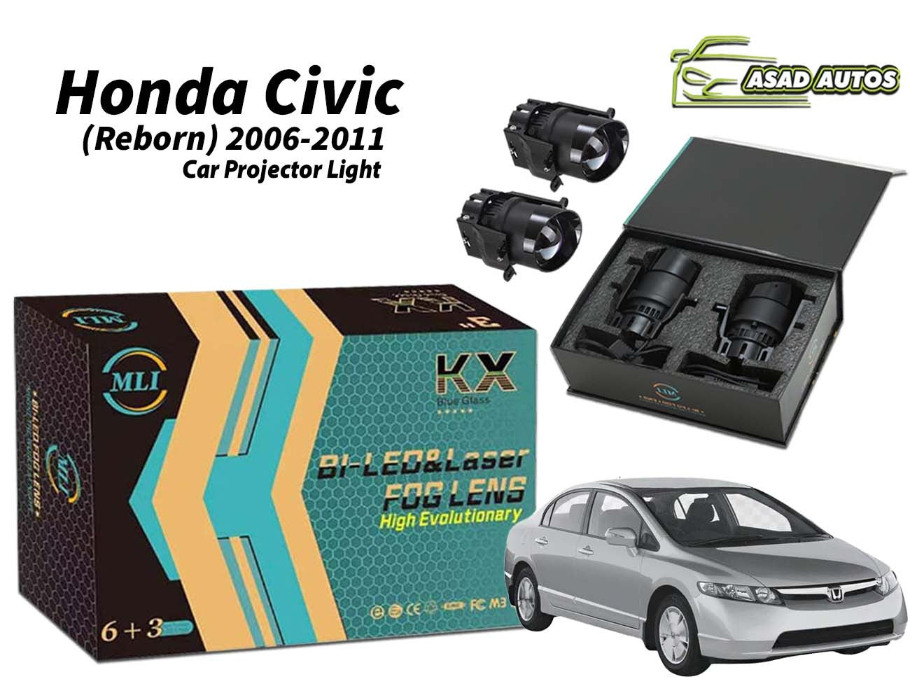 MLI Car Projector Fog Lights BI LED Lens for Honda Civic (Reborn) 2006-2011 Sedan, offering enhanced illumination and modern style with high-performance lighting technology.
