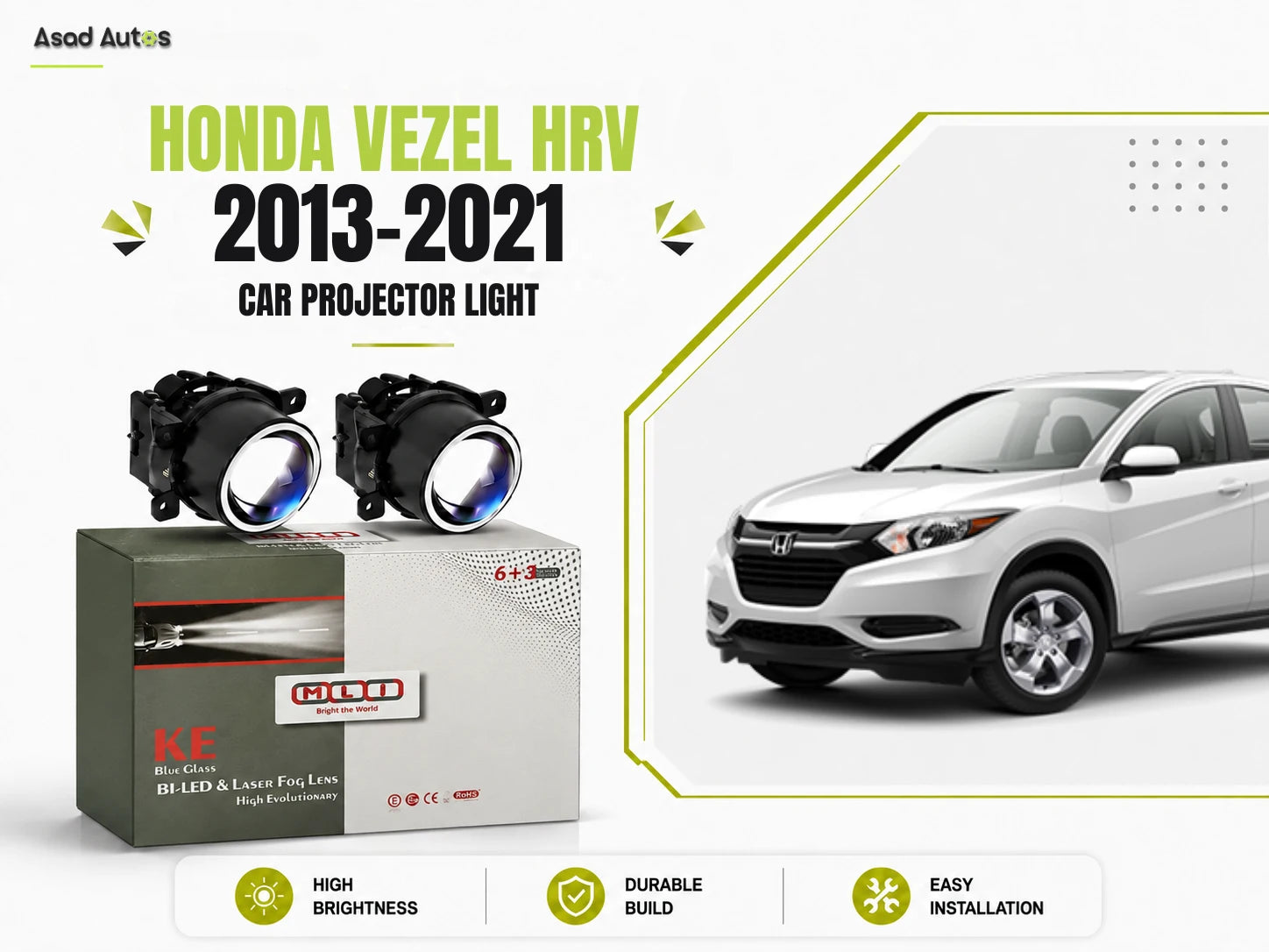 MLI Car Projector Fog Lights BI LED Lens for Honda Vezel Hybrid/HR-V (2013-2025), offering precise illumination and stylish design for a premium crossover experience.