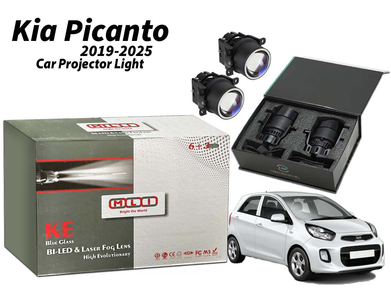 MLI Car Projector Fog Light BI LED Lens for Kia Picanto 2019-2025, enhancing nighttime visibility with a sleek modern design and focused beam for safer driving.
