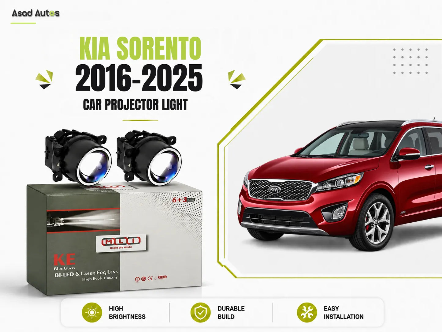 MLI Car Projector Fog Lights BI LED Lens for Kia Sorento 2016-2025, offering superior lighting for safer night drives and a stylish upgrade for your SUV.
