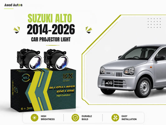 MLI Car Projector Fog Lights with BI LED lens for Suzuki Alto 2014-2026 Hatchback offering enhanced brightness and style.
