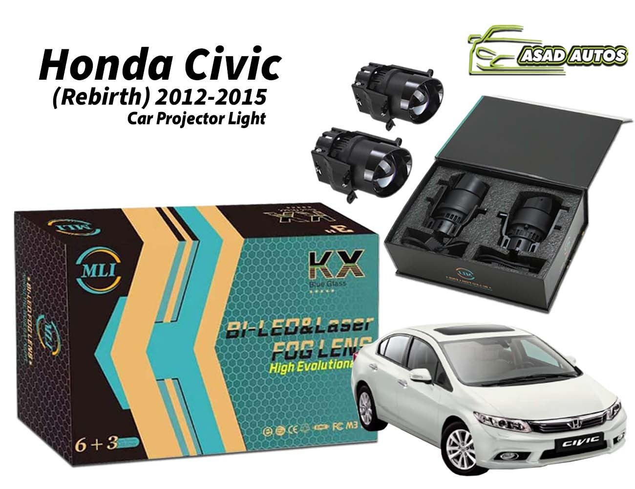MLI Car Projector Lights BI LED Lens for Honda Civic (Rebirth) 2012-2015 Sedan, offering enhanced illumination, safety, and a sleek modern look.
