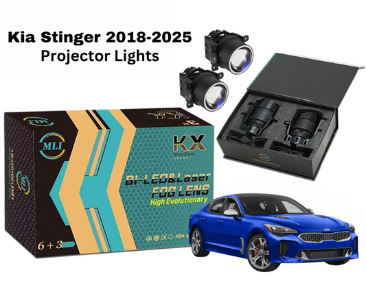 MLI Car Projector Lights with BI LED lens for Kia Stinger 2018-2025 VIP Sedan, delivering enhanced brightness and a premium aesthetic upgrade.
