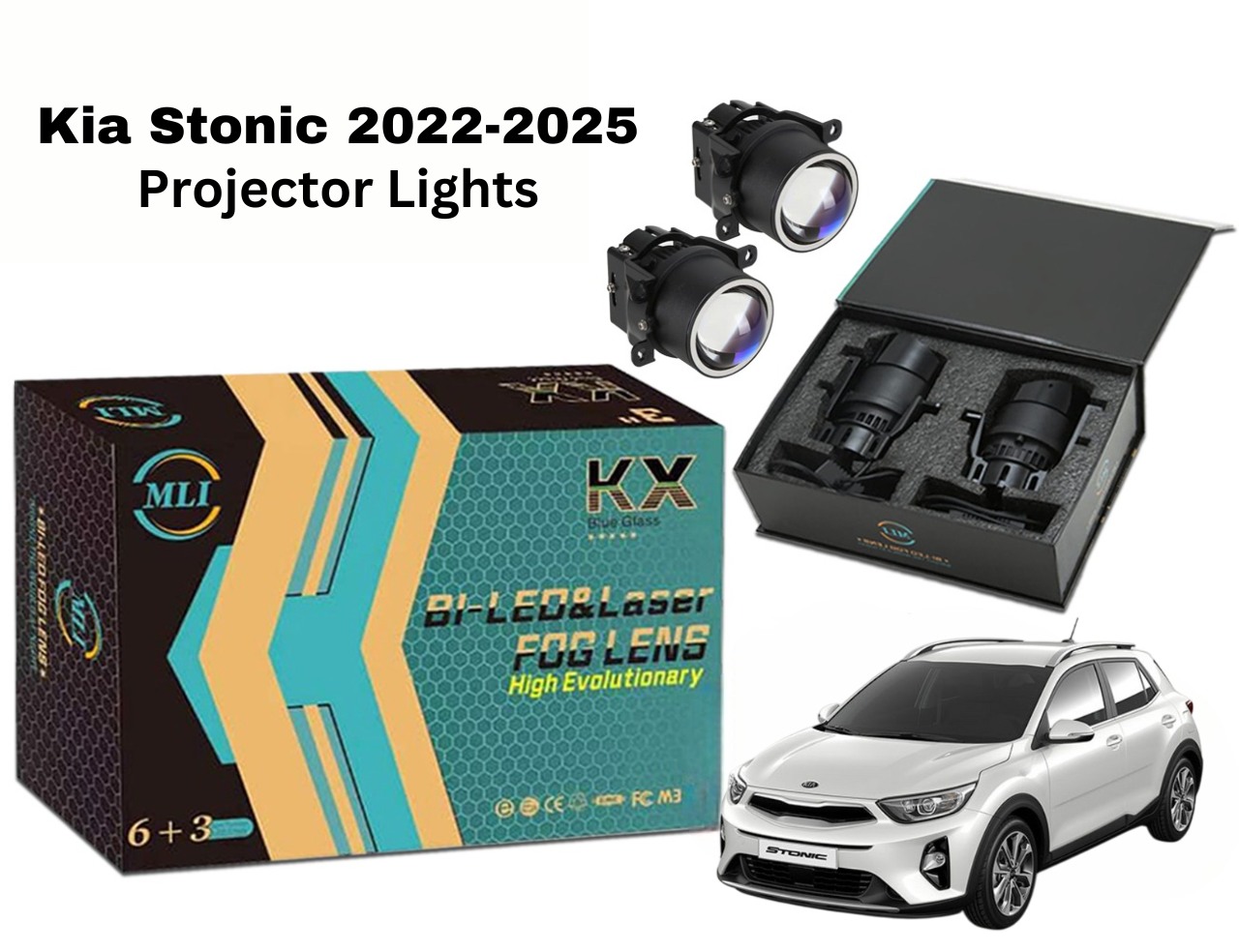 MLI Car Projector Lights with BI LED lens for Kia Stonic 2022-2025 Crossover, providing enhanced brightness, durability, and a sleek design upgrade.
