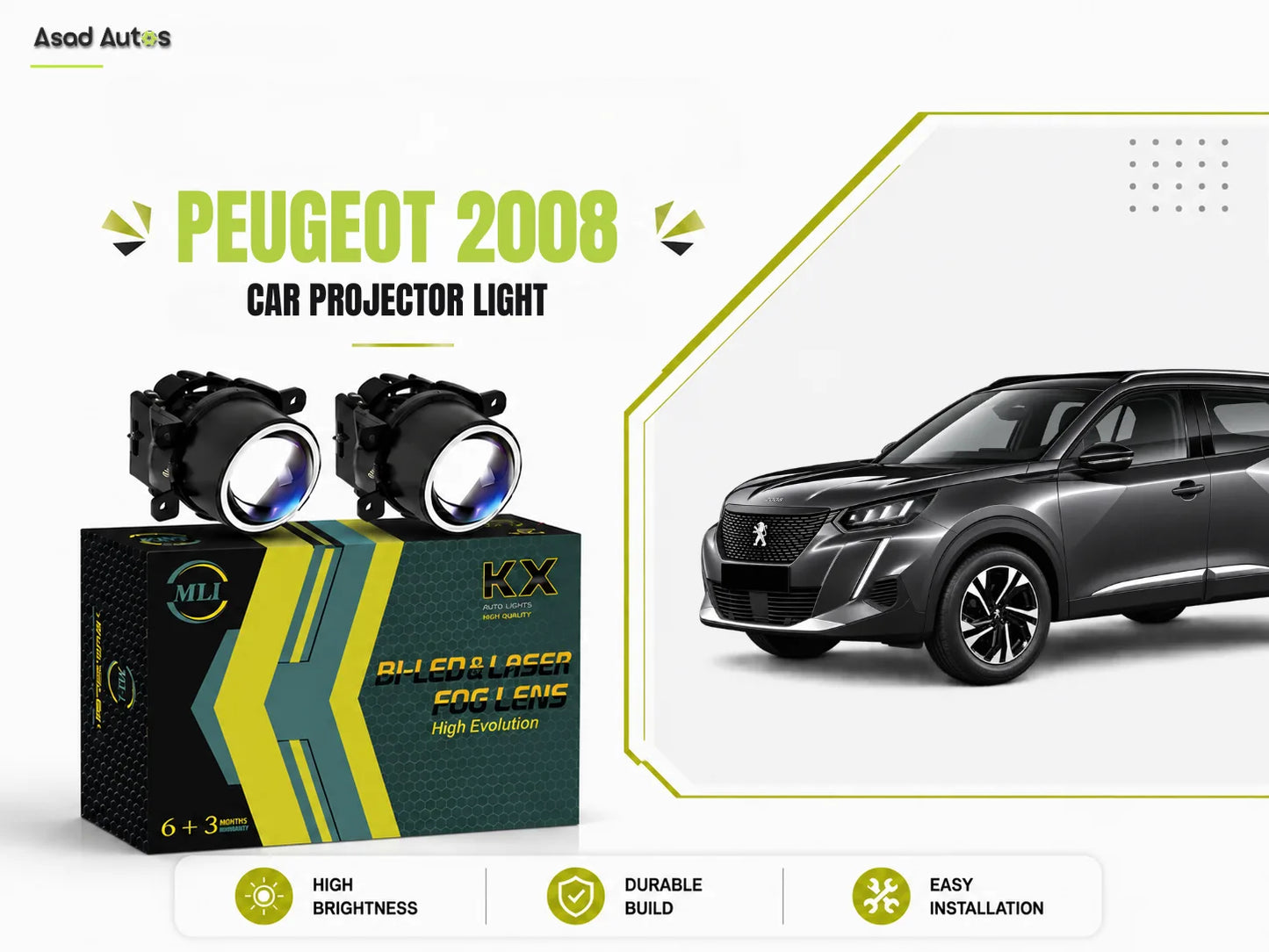MLI Car Projector Lights with BI LED lens for Peugeot 2008 Crossover, delivering enhanced brightness, energy efficiency, and a modern design.
