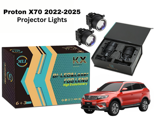 MLI Car Projector Lights with BI LED lens for Proton X70 2022-2025 Crossover, offering enhanced brightness, energy efficiency, and a sleek design.
