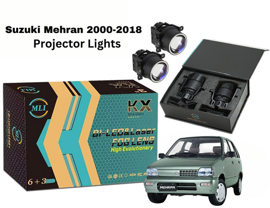 MLI Car Projector Lights with BI LED lens for Suzuki Mehran 2000-2018 Hatchback, providing improved visibility, energy efficiency, and a stylish, contemporary design.