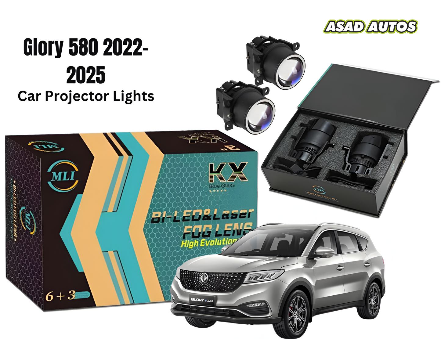 MLI Fog Lamp Car Projector Lights with BI LED Lens for Glory 580 2022-2025 Crossover, offering enhanced brightness and a sleek upgrade.
