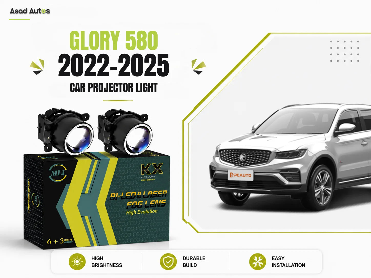 MLI Fog Lamp Car Projector Lights with BI LED Lens for Glory 580 2022-2025 Crossover, offering enhanced brightness and a sleek upgrade.