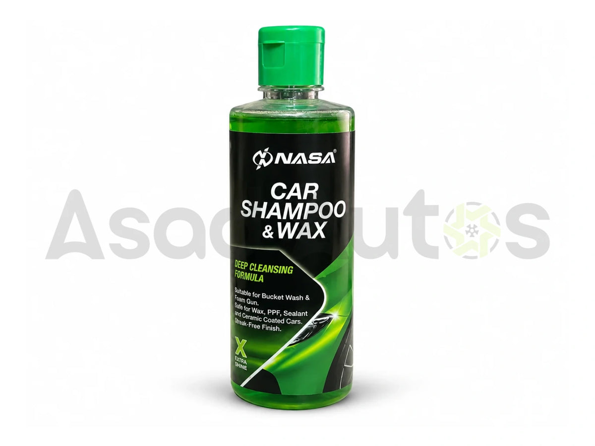 NASA Car Shampoo and Wax green liquid bottle for exterior car washing