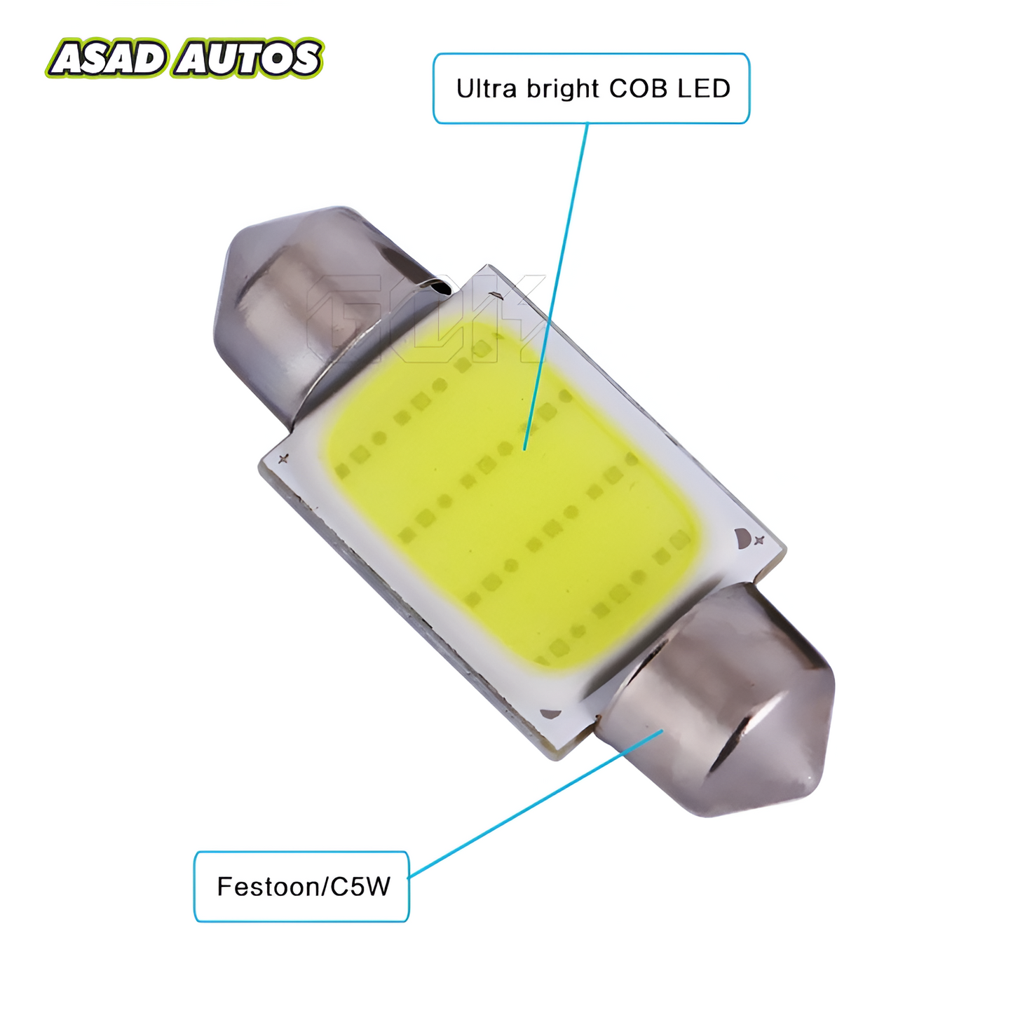 Pack of Two 41mm Super COB LED Bulbs with 12 Chips, offering bright, energy-efficient, and versatile car lighting solutions.

