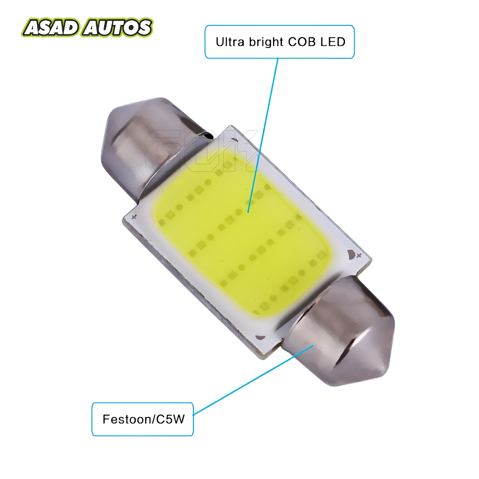 Pack of Two 41mm Super COB LED Bulbs with 12 Chips, offering bright, energy-efficient, and versatile car lighting solutions.

