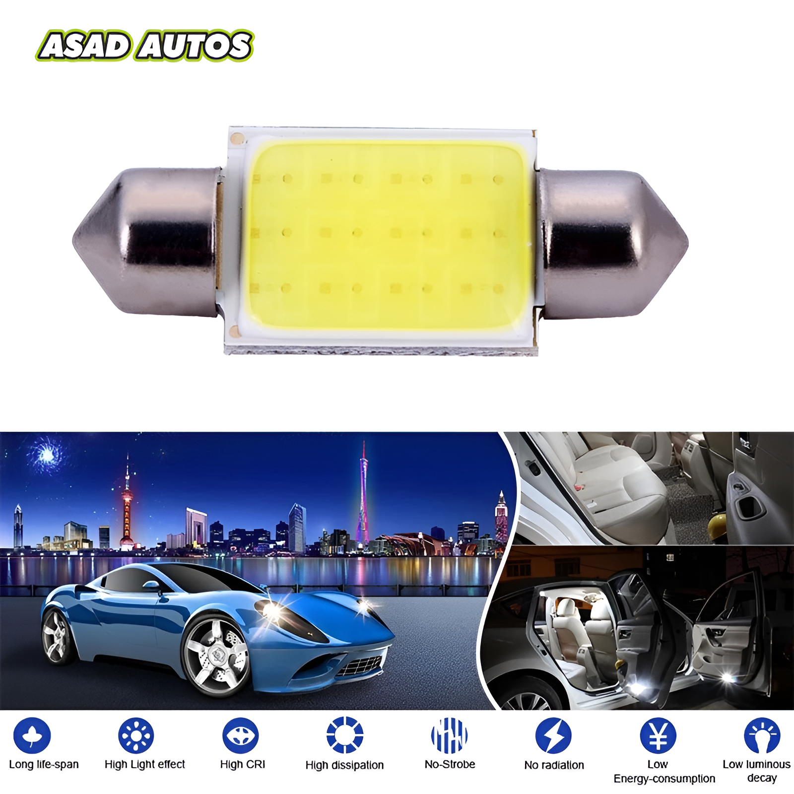 Pack of Two 41mm Super COB LED Bulbs with 12 Chips, offering bright, energy-efficient, and versatile car lighting solutions.
