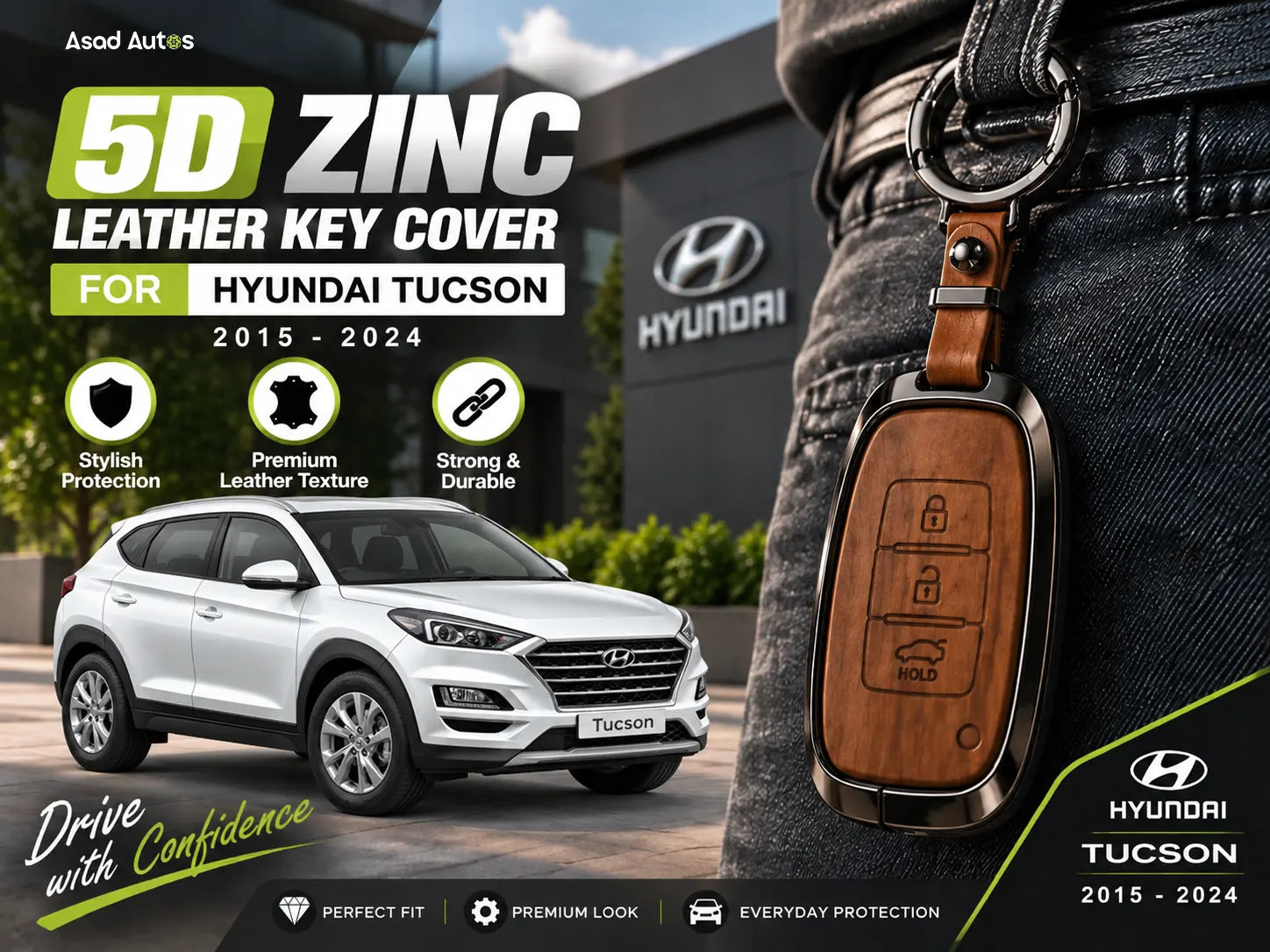 Premium 5D Zinc Leather Key Cover for Hyundai Tucson 2015–2024
