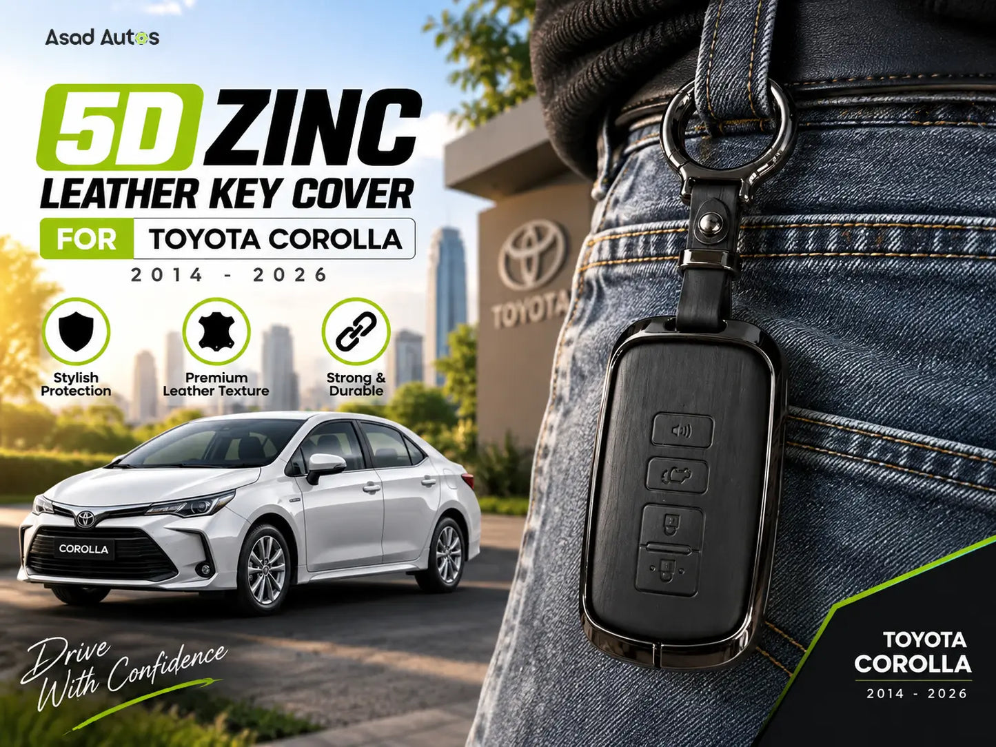 Premium 5D Zinc Leather Key Cover for Toyota Corolla 2014-2026